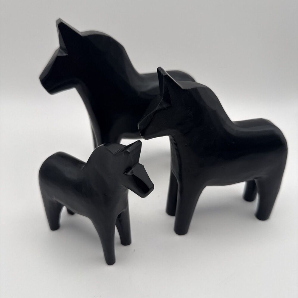 Vintage Grannas Sweden Black Dala Horse Set of 3 (4" 5" 6") Hand Carved Wooden